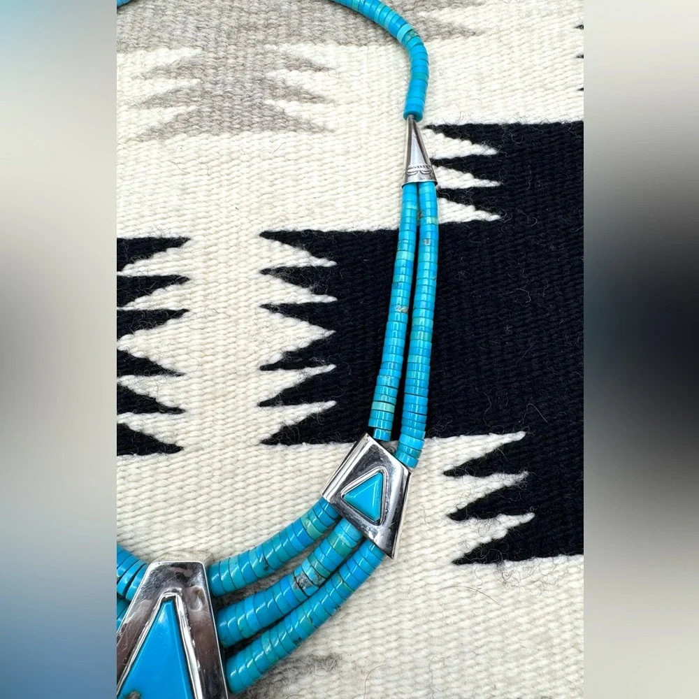 Santo Domingo Native American Sterling Silver Turquoise Cross Pendant Necklace - Picture 3 of 7